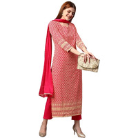Gosriki Women's Cotton Blend Floral Printed Straight Kurta With Pants & Dupatta (Dumas-Pink-Nw-Gs_M_Pink_Medium)