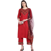Gosriki Women's Cotton Blend Straight Printed Kurta With Pant & Dupatta (Tigu-Red_L-Go_Red_Large)