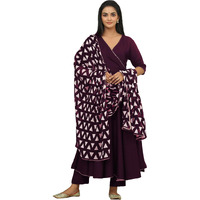 Gosriki Women's Rayon Blend Anarkali Solid Kurta With Pant & Dupatta (Mita Wine-Gs_Xxl_Wine_Xx-Large)