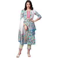 Gosriki Women's Cotton Blend Straight Printed Kurta With Pant & Dupatta (Gulab Green-Nw01-Gs_Xl_Green_X-Large)