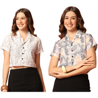 Toplot Women's Casual Printed Crop Shirt With Half Sleeve Pack Of 2 (Combo-5059-Tre-Wht-L)