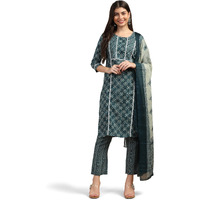 Toplot Women's Printed Straight Kurta With Pant & Dupatta|Kurta Pant Set With Dupatta (Printed-Kurta-Pant-5198-Turquoise-L)