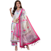 Gosriki Women's Rayon Blend Straight Printed Kurta With Pant & Dupatta (Ziggi White-Vks01-Gs_Xl_White_X-Large)