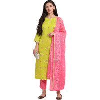 Gosriki Women's Cotton Straight Kurta With Pant & Dupatta (Jinal Light Green_M-Go_Light Green_Medium)