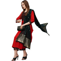 Gosriki Women's Cotton Blend Straight Printed Kurta With Pant & Dupatta (Puju Red-Gs_M_Red_Medium)