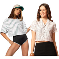 Toplot Women's Casual Printed Crop Top With Short Sleeve Pack Of 2 (Combo-5135-Wht-Wht-L)