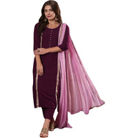 Gosriki Women's Cotton Blend Straight Solid Kurta With Pant & Dupatta (Dhulipala Wine-Vks01-Gs_L_Wine_Large)