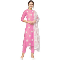 Gosriki Women's Cotton Blend Embroidered Straight Kurta With Pant & Dupatta (White Show Baby Pink-Jan02-Gs_S_Light Pink_Small)