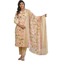 Gosriki Women's Cotton Blend Printed Straight Kurta With Pant & Dupatta (Kumud Cream-Nw-Gs_Xxl_Cream_Xx-Large)
