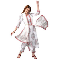 Gosriki Women's Cotton Blend Floral Printed Straight Kurta With Pants & Dupatta (Cup-Off White-Nw-Gs_S_White_Small)