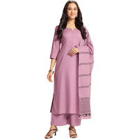 Gosriki Women's Rayon Viscose Solid Straight Kurta With Pant & Dupatta (Raja Saab Purple-Vks08-Gs_M_Purple_Medium)