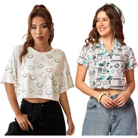 Toplot Women's Casual Printed Crop Top With Short Sleeve Pack Of 2 (Combo-5135-Rou-Sml-Xs)