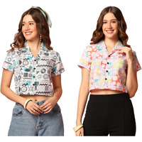 Toplot Women's Casual Printed Crop Shirt With Half Sleeve Pack Of 2 (Combo-5059-Mlt-Rou-M)