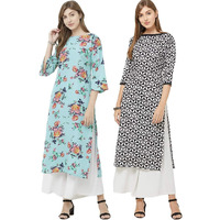 Gosriki Women's Multicolor Printed Straight Kurta Pack Of 02(Chakri-Black & Saaho-Rama_M)