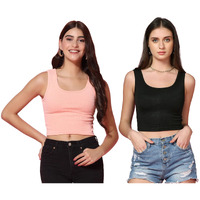 Toplot Women's Combo Solid Ribbed Scoop Neck Sleeveless Slim Fit Tank Top Pack Of 2 (Combo-5069-Blk-Pch-S)