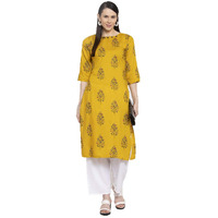 Gosriki Women's Yellow Pure Cotton Straight Kurta With Plazzo (Luna Yellow_L)
