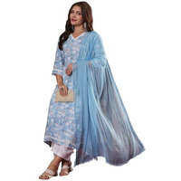 Gosriki Women's Cotton Blend Straight Printed Kurta With Pant & Dupatta (Kausalya Sky-Gs_M_Sky Blue_Medium)
