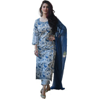 Gosriki Women's Cotton Blend Straight Printed Kurta With Pant & Dupatta (Please-Blue_S-Go_Blue_Small)