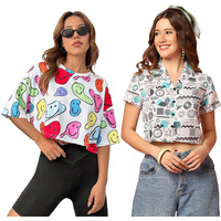 Toplot Women's Casual Printed Crop Top With Short Sleeve Pack Of 2 (Combo-5135-Rou-Mlt-Xl)