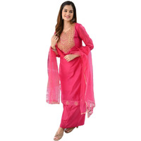 Gosriki Women's Cotton Blend Straight Solid Kurta With Palazzo & Dupatta (With Rani_Xl-Go_Rani_X-Large)