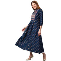 Gosriki Women's Cotton Blend Traditional Printed Anarkali Kurta (Relian Multi-Blue_S-Gs_Blue_Small)