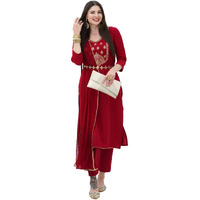 Gosriki Women's Cotton Blend Embroidered Straight Kurta With Pant & Dupatta (Bgm Maroon-Gs_L_Maroon_Large)