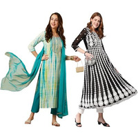 Gosriki Women's Embroidered Kurti & Kurti Pant Dupatta Set Combo Pack Of 2 (Tiedye-Rama Blue & Kari Black-Gs_L_Multi_Large)