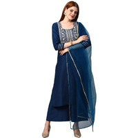 Gosriki Women's Cotton Blend Solid Straight Kurta With Palazzos & Dupatta (Dharan-Cerosin-Gs_S_Dark Blue_Small)
