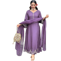 Gosriki Women's Rayon Viscose Anarkali Embroidered Kurta With Pant & Dupatta (Ranibai Purple-Vks01-Gs_Xxl_Purple_Xx-Large)