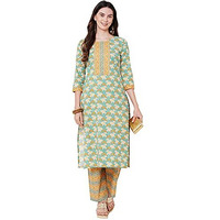 Gosriki Women's Cotton Straight Kurta With Palazzo (Gshk106_L_Yellow_Large)