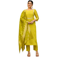 Gosriki Women's Silk Blend Straight Embroidered Kurta With Pant & Dupatta (Deluxe Green-Vks03-Gs_Xl_Green_X-Large)