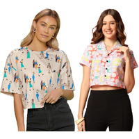 Toplot Women's Casual Printed Crop Top With Short Sleeve Pack Of 2 (Combo-5135-Mlt-Cku-S)