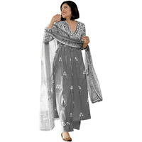 Gosriki Women's Rayon Blend Anarkali Printed Kurta With Pant & Dupatta (Renu Grey-Vks01-Gs_M_Grey_Medium)