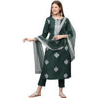 Gosriki Women's Cotton Blend Straight Embroidered Kurta With Pant & Dupatta (Weekend Green-Nw4-Gs_Xl_Green_X-Large)
