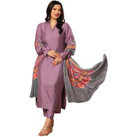 Gosriki Women's Rayon Viscose Solid Straight Pakistani Kurta With Pant & Dupatta (Mawra Purple-Vks01-Gs_M_Purple_Medium)