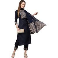 Gosriki Women's Ruby Cotton Straight Kurta With Pant & Dupatta (Kalakari-Blue-Go_Xxl_Blue_Xx-Large)