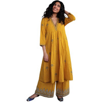 Gosriki Women's Rayon Viscose Anarkali Printed Kurta With Palazzo (Hanaya Yellow-Gs_S_Yellow_Small)