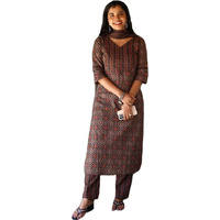 Gosriki Women's Rayon Blend Straight Printed Kurta With Pant & Dupatta (Kolam Brown-Gs_Xxl_Brown_Xx-Large)