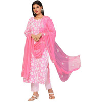 Gosriki Women's Cotton Blend Straight Printed Kurta With Pant & Dupatta (Mei Pink-Nd-Gs_S_Pink_Small)