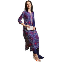 Gosriki Women's Rayon Blend Straight Bandhej Printed Kurta With Pant & Dupatta (Turae Royal Blue-Vks04-Gs_L_Blue_Large)