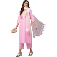 Gosriki Women's Cotton Blend Straight Solid Kurta With Palazzo & Dupatta (Charu Sty Pink_L-Go_Pink_Large)