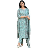 Gosriki Women's Rayon Blend Straight Printed Kurta With Pant & Dupatta (Karwaan Grey-Gs_S_Grey_Small)