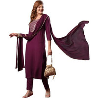 Gosriki Women's Rayon Blend Embroidered Straight Kurta With Pant & Dupatta (Yuvani Wine-Vks01-Gs_S_Wine_Small)