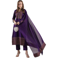 Gosriki Women's Rayon Blend Straight Printed Kurta With Pant & Dupatta (Alamelu Begani-Vks01-Gs_Xxl_Begani_Xx-Large)