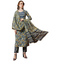 Gosriki Women's Cotton Blend Printed Straight Kurta With Pant & Dupatta (Bigi Blue-Gs_Xxl_Blue_Xx-Large)