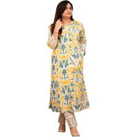 Gosriki Women's Rayon Viscose A-Line Printed Kurta With Pant (Mandal Yellow-Gs_Xl_Yellow_X-Large)