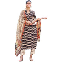 Gosriki Women's Cotton Blend Straight Printed Kurta With Pant & Dupatta (Nayantara Black-Nrw-Gs_S_Black_Small)