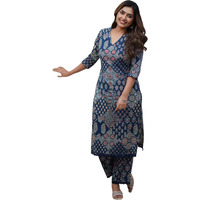 Gosriki Women's Rayon Viscose Straight Printed Kurta With Pant (Kadai Blue-Gs_Xl_Blue_X-Large)