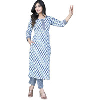 Gosriki Women's Cotton Blend Straight Printed Kurta With Pant Set (Bitiya Blue-Cmd-Gs_Xxl_Blue_Xx-Large)