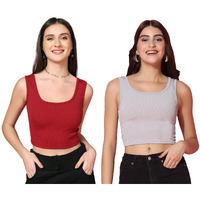 Toplot Women's Combo Solid Ribbed Scoop Neck Sleeveless Slim Fit Tank Top Pack Of 2 (Combo-5069-Gry-Mrn-L)
